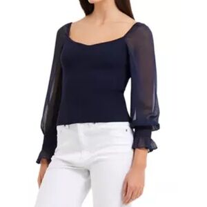 NWOT French Connection $99 Women's Navy Sheer Sleeve Top Size S